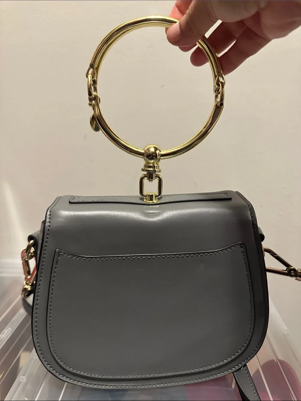 Grey Women's Saddle Crossbody Bag with Gold Ring Accent